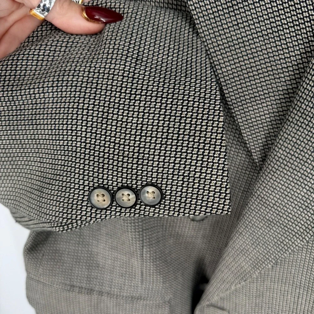 Vtg Bachrach Double‎ Breasted Houndstooth Blazer Jacket 44L USA Made Black White